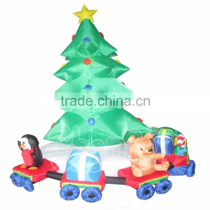 Christmas tree inflatable with rotating train/ LED sitting the penguin &teddy bear Indoor use