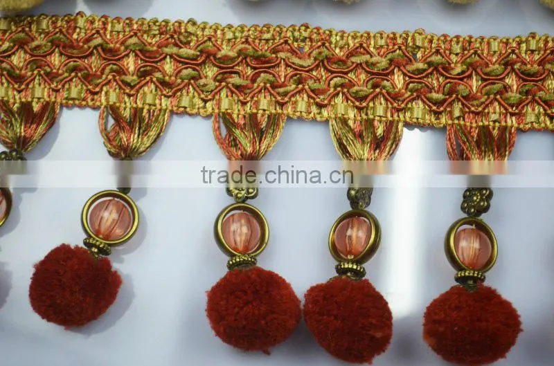decoration fashion tassel fringe for curtain,polyester curtain pom pom tassel fringe