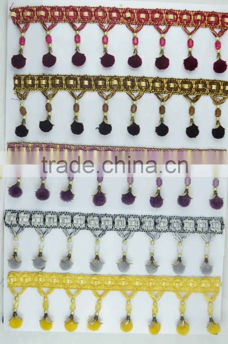 hot pom pom curtain tassel fringe trimming,fancy pom pom tassel fringe