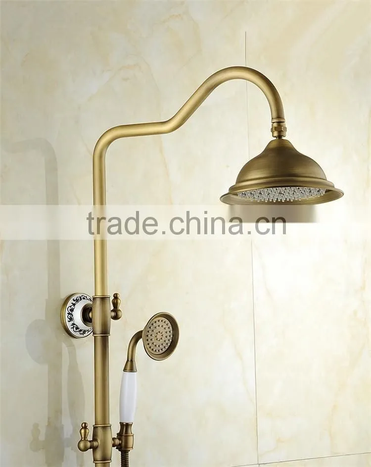 Popular antique style bathroom gold colored brass rainfall shower set antique bronze surface mounted bath shower set