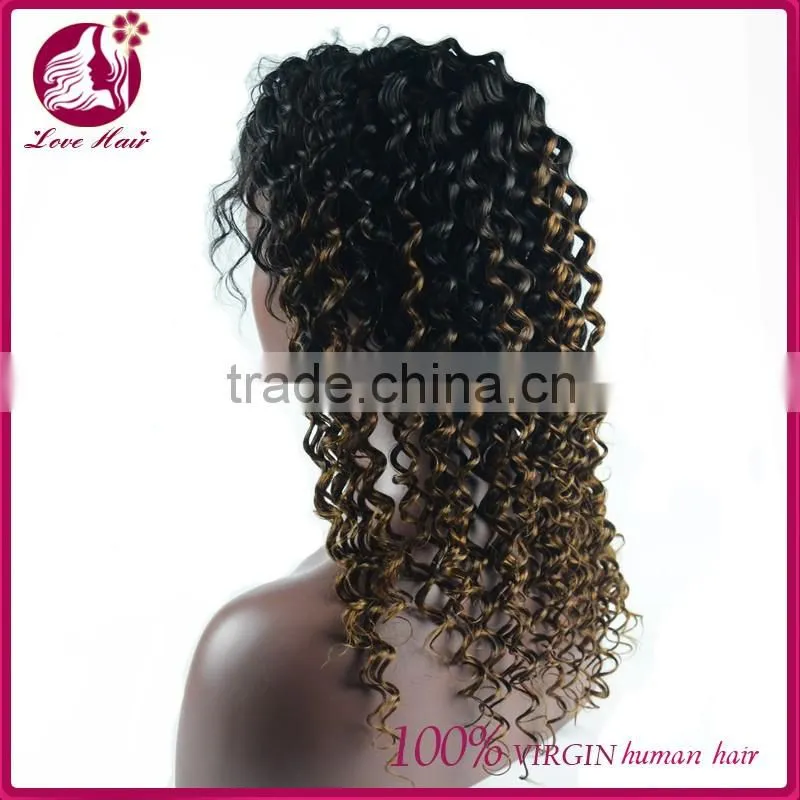qingdao supplier wholesale 100% human hair jerry curly lace front wig virgin full lace wig ombre wig