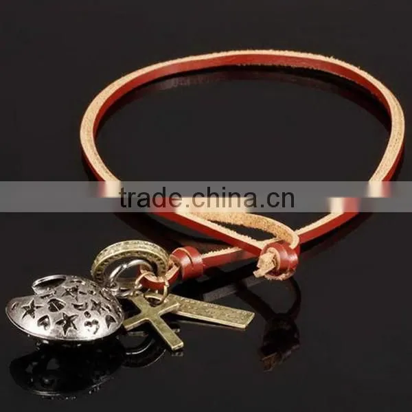 Retro Letter Leather Bronze Cross Pendant Necklace