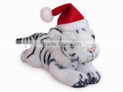 high quality factory wholesale realistic christmas plush cradle brown tiger with christmas cap