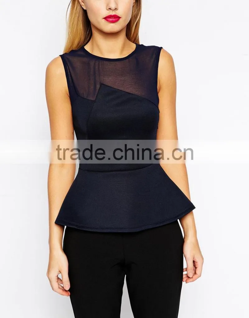 New design Crew neckline Peplum Top with Mixed Fabric