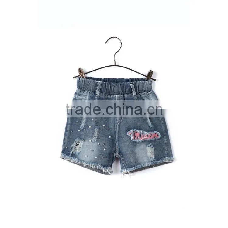 China apparel factory elastic ribbon waistband kids printed shorts jeans with hole