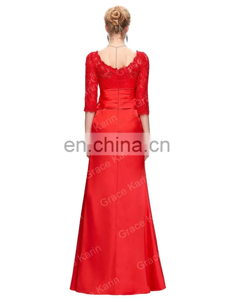 Grace Karin Elegant Long Sleeve Lace Evening Dresses Red CL4524-2