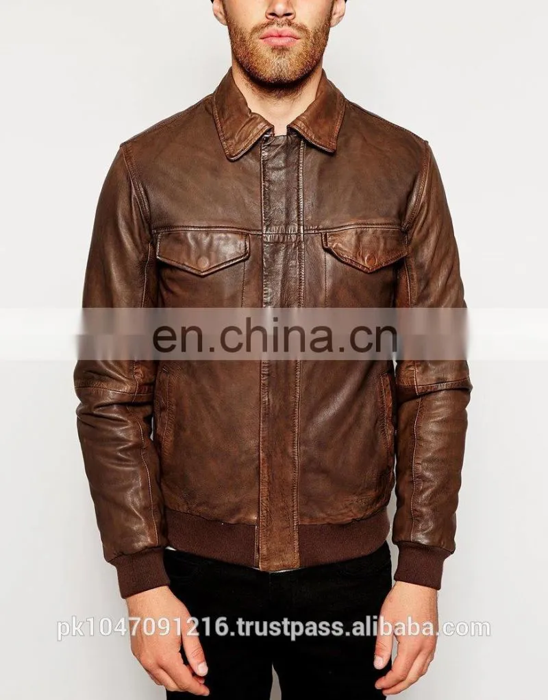 New 2014 Men Leather Jacket / Genuine Leather Jacket / Sheepskin Leather Bomber Jacket Dark Brown