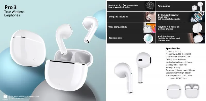 TWS Earphone Wireless Bt Earbuds Pro 3