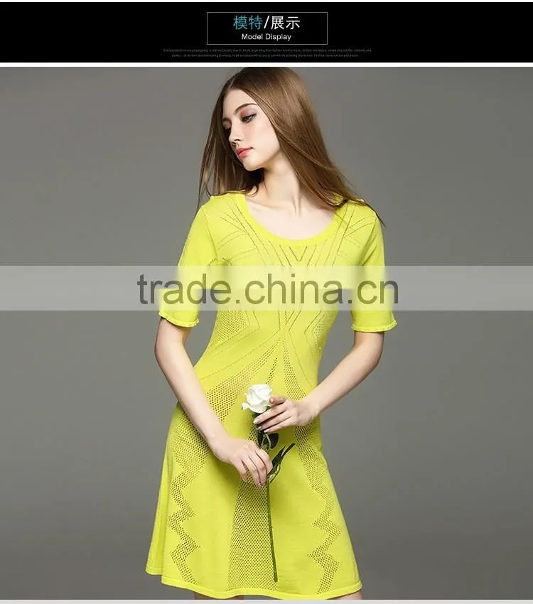 new arrival desgin for lady kintting hollow pattern round neck dress with half sleeves