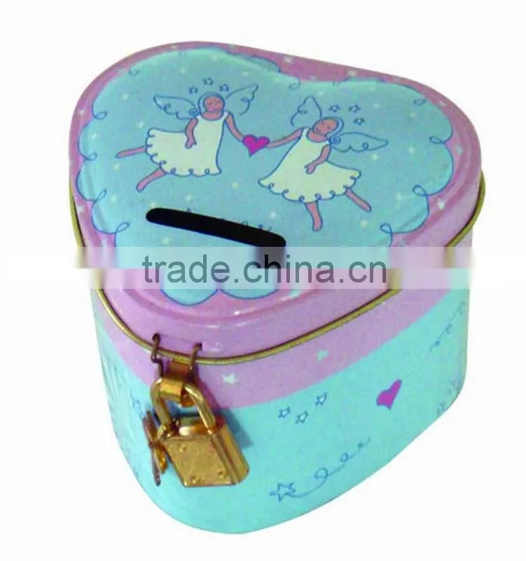 Heart shape metal tin money box with lock