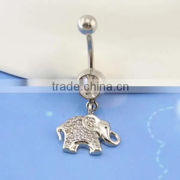 Stainless steel crystal women belly ring dangling elephant body piercing jewelry
