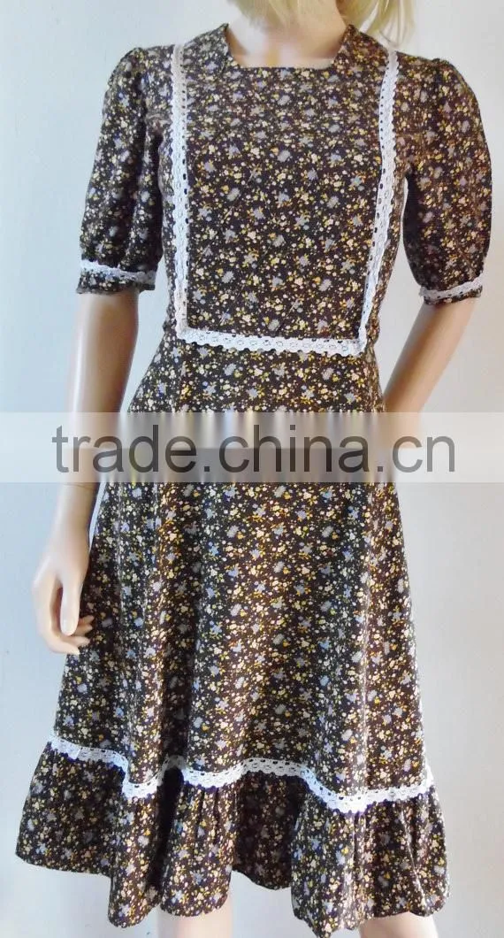 summer French petite midi 70s brown vintage women casual one piece dress in floral print