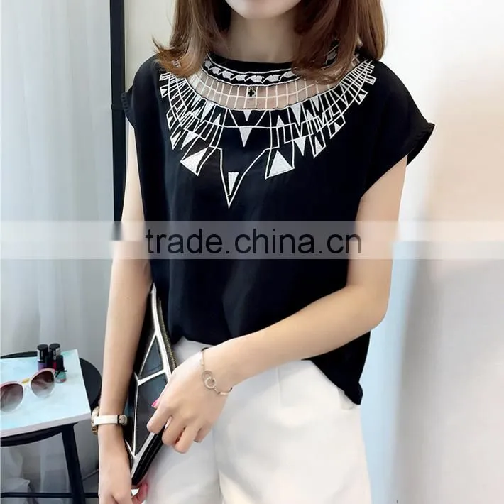 Latest Short Sleeves Hollow-out Embroidery Black Chiffon Blouse 2015