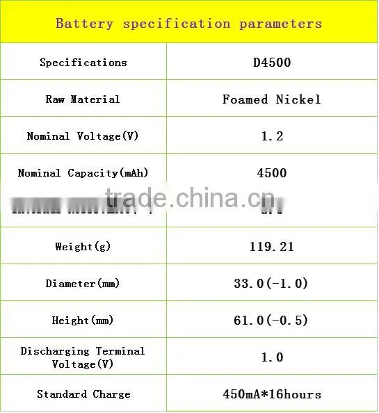 NiCd Rechargeable battery d 6v 4500 ni cd battery pack /d4500 nicd battery pack