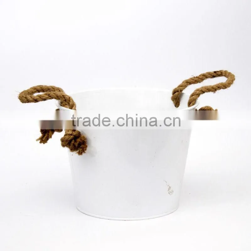GARDEN TOOLS WHITE BUCKET WITH 2 HEMP ROPE HANDLE