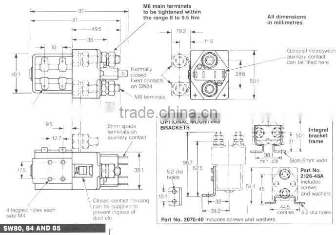 SW80 single pole dc magnetic contactor similar Curtis albright contactor electromagnetic contactors 12V 125A 48 volt winch relay