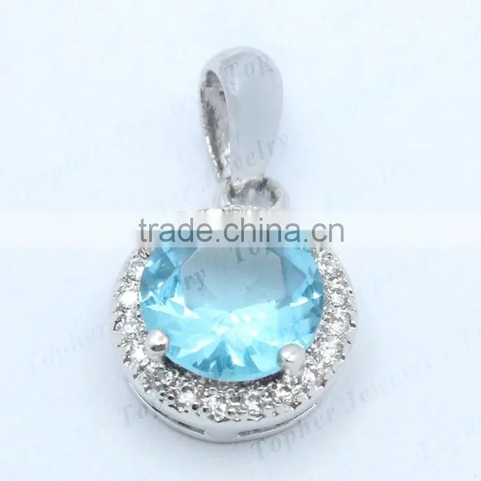 Round shape aquamarine stone pendant in 925 sterling silver stone pendant