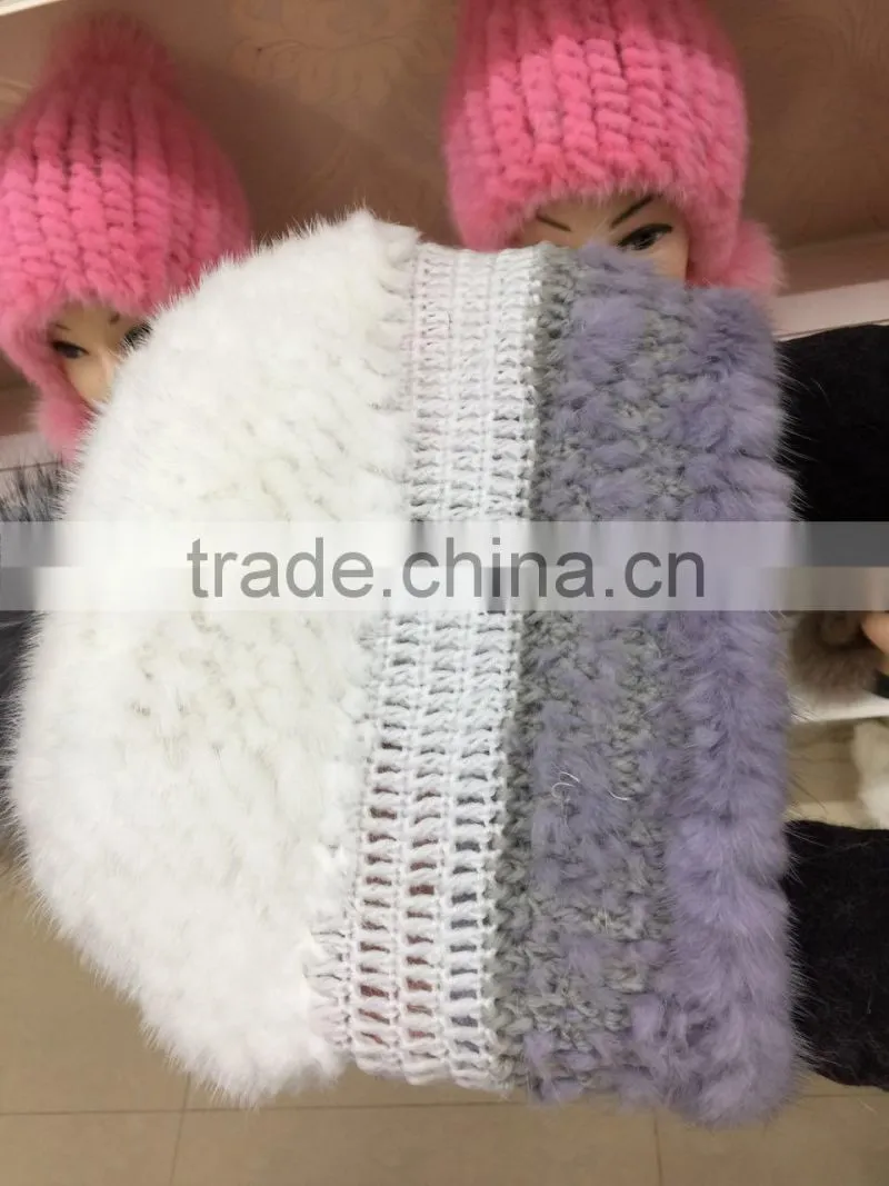 White grey Fashion grils kintted mink fur hat with pom pom