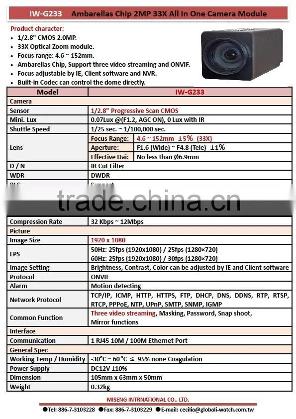 IW-G233 COMS 33X Optical Zoom All In One Box Camera Module