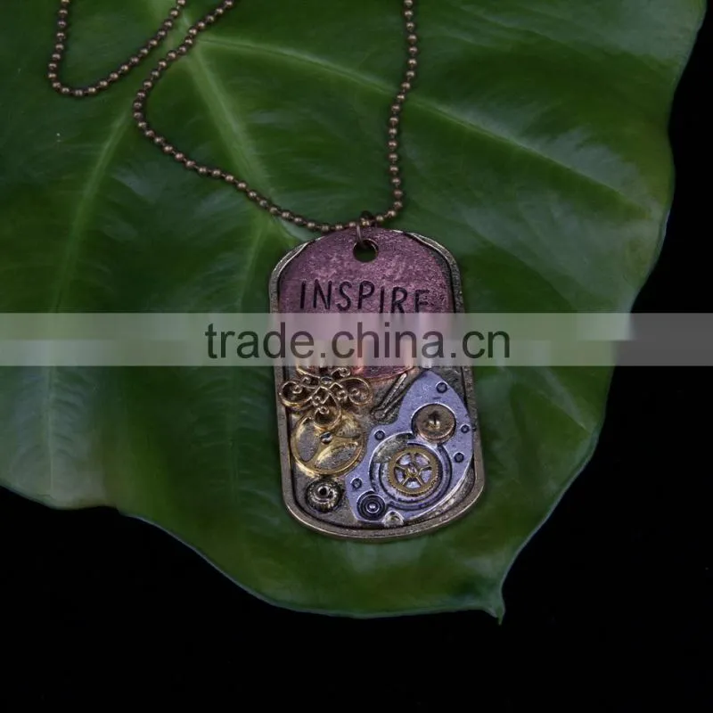 2015 yiwu fashion imitation jewelry steampunk necklace dog tag gear steam inspire letter pendant cameo statement necklace