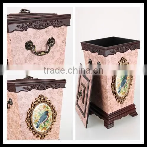 Painting Indoor Decorative Wooden Trash Can,Wooden Garbage Can