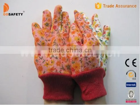 Flower cotton back Mini dots on palm Three ribs back Red knit wrist Garden gloves(DGS301)