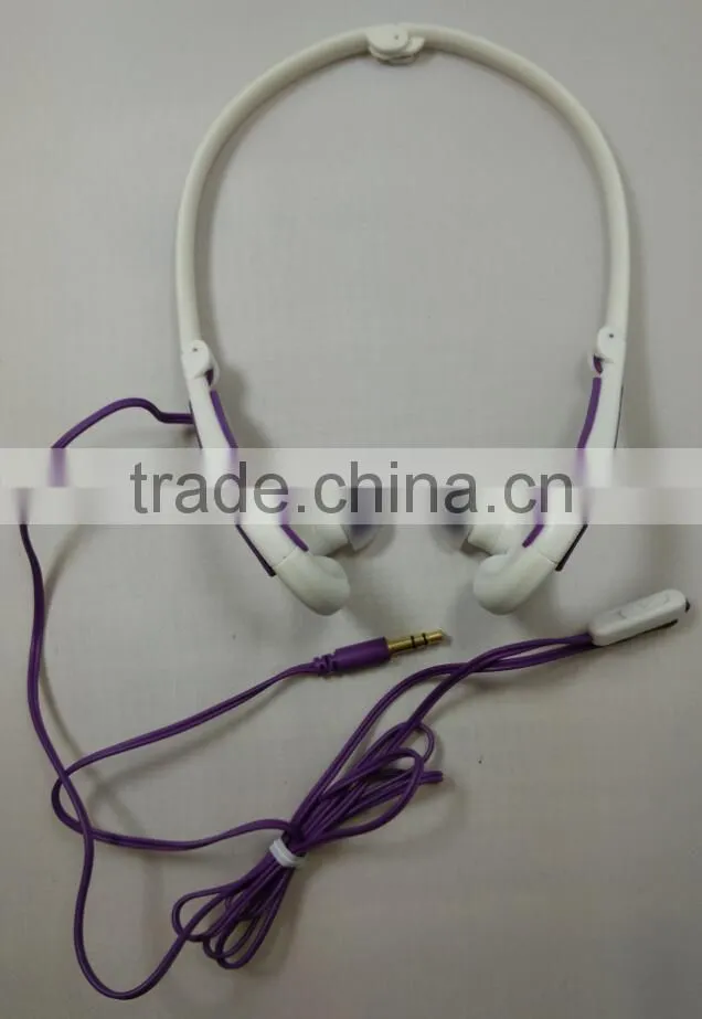 behind-the-neck fitness earphones with volume control and clothing clip