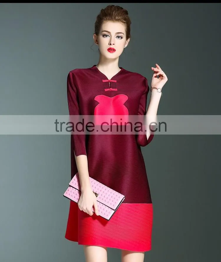 Retro pleat Chinoiserie printed ladies large size dress with two buttons