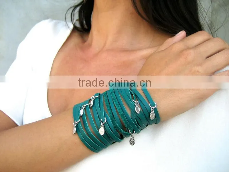 sliced leather bracelet, wide Leather Cuff - crystal Charm Bracelet, Multi Strap Bracelet, wrapped leather bracelet with charms