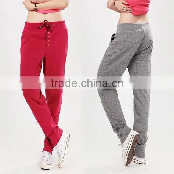 100%Cotton Womens Summer Casual Long Sports Pants with Drawstring & Button Design