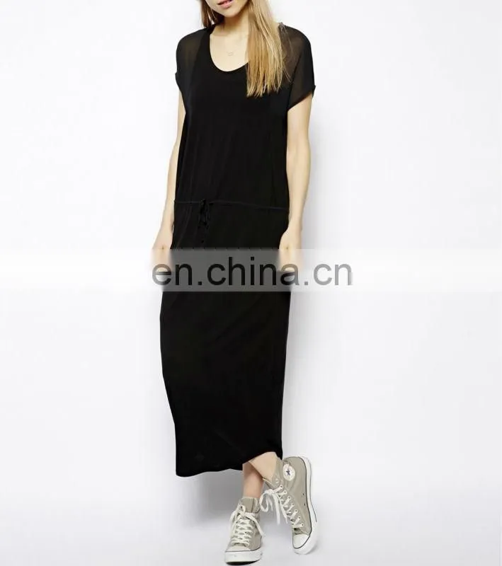 CHEFON Plain black maxi dress with Drawstring Waist