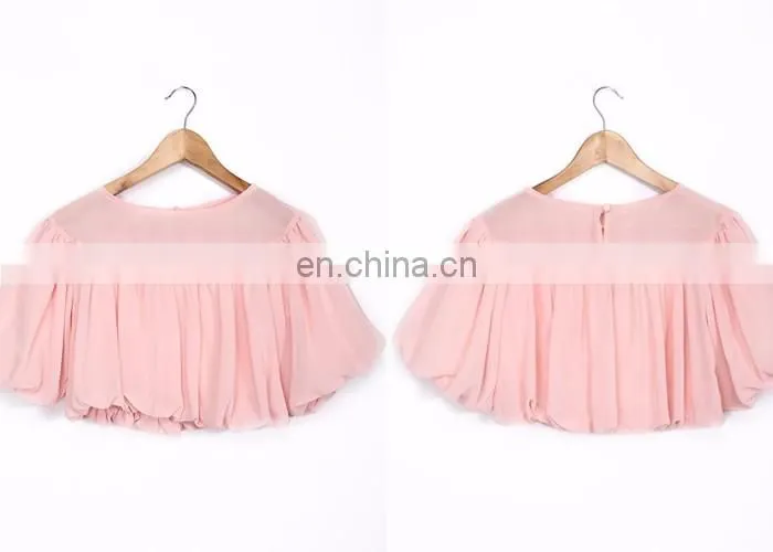 Women's Pleated Puff Sleeve 2016 Chiffion Tops Fitted Fashion Shirt