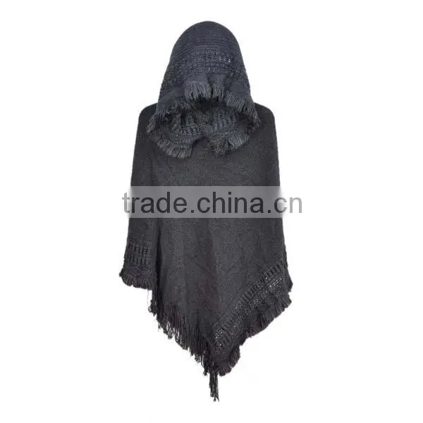 2015 women fashion warm fur hooded crochet knit poncho sweater with collar