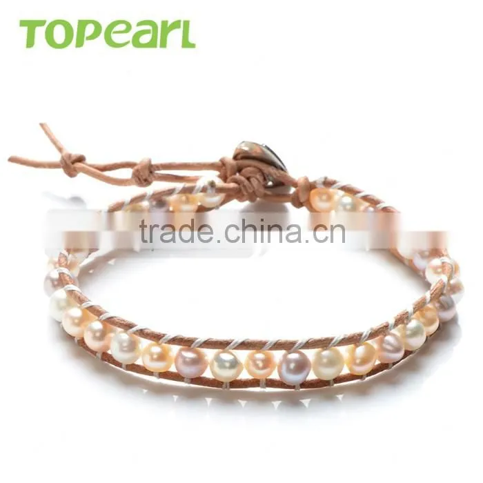 Topearl Jewelry Potato Shape White and Purple Freshwater Pearl Bracelet Woven Leather Wrap Bangles Bracelets for Women CLL157