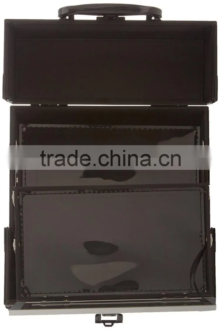 Aluminum Makeup Train Case, Travel Cosmetic Box with Trays, Mirror and Shoulder Strap,Black Aluminum Makeup Jewlery case