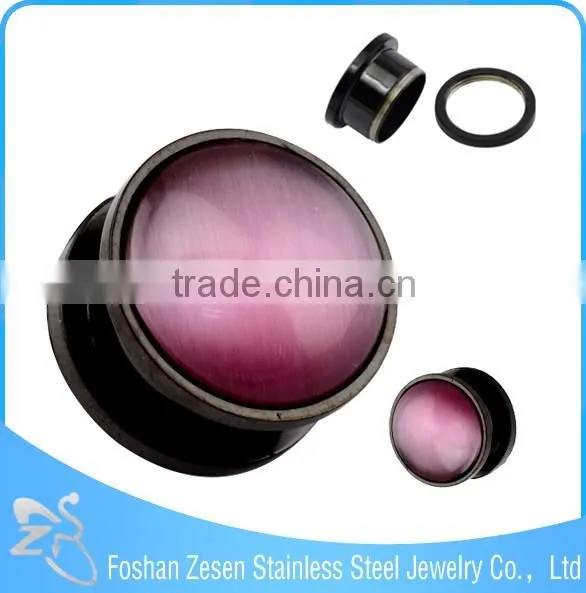 TP011448 new arrive stainless steel body piercing pink imitation cat's eye stone ear plug