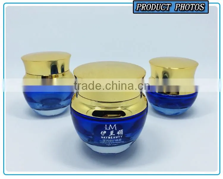 Cosmetics packaging bule colored glass pump bottle and glass cosmetic jar