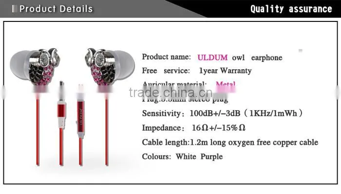 ULDUM IN EAR Owl diamond HeadPhones Earbuds & Mic 3.5mm Earphones - HEAVY BASS
