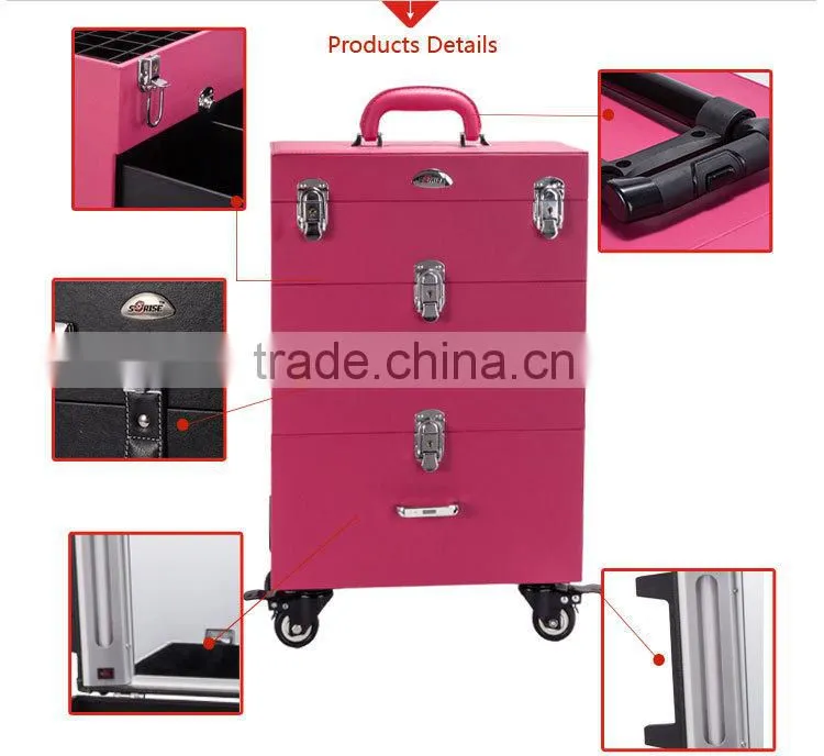 Guangzhou Wholesale Pink Pvc Rolling Cosmetic Train Case
