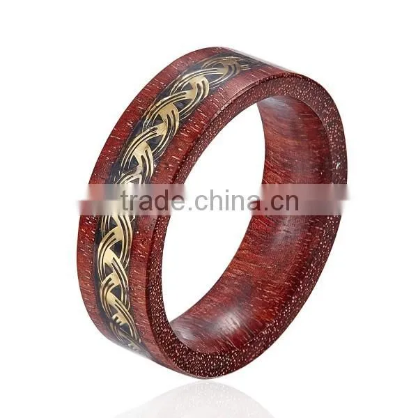 Natural Red Wooden Ring with Metal Piece Inlay