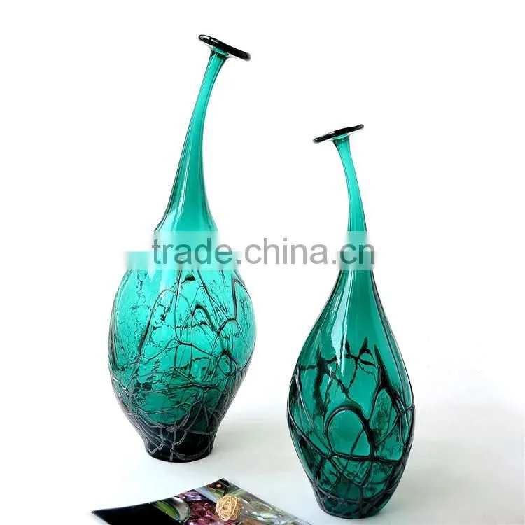 European style creative forest green handmade art glass vase ,Unique design tall glass vase for wedding decoration