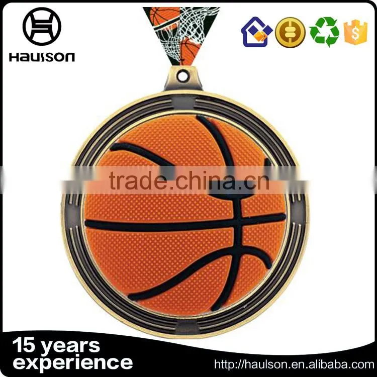 WW2 custom soft enamel casting 3D molded design photo etched zinc alloy gold plated majestic basketball sport medal with ribbon