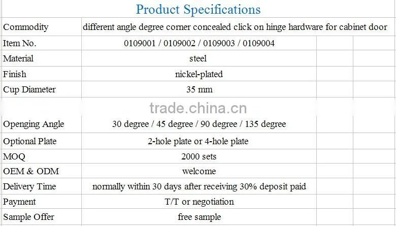 different angle degree corner concealed click on hinge hardware for cabinet door