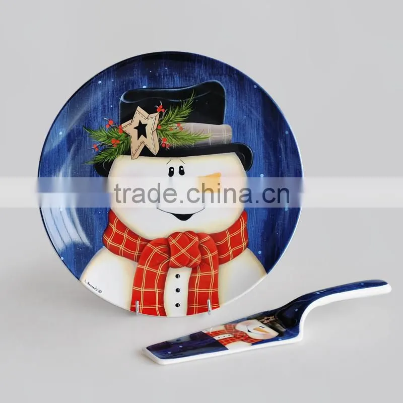 12" porcelain cake plate with server,ceramic plate with server,porcelain Christmas plate