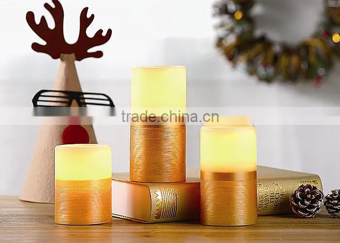S/3 Flameless LED Gold Christmas Pillar Candles With Silk Effect