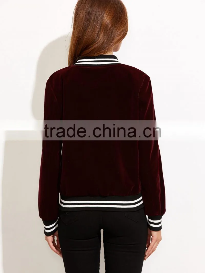 Jacket Women Winter Burgundy Stand Collar Bomber Jacket Slim Fit Velvet Blazer With Striped Trim Detail