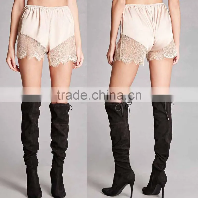 Sexy Ladies Shorts Eyelash Lace Scalloped Hem Satin 100% Polyester Shorts Extender