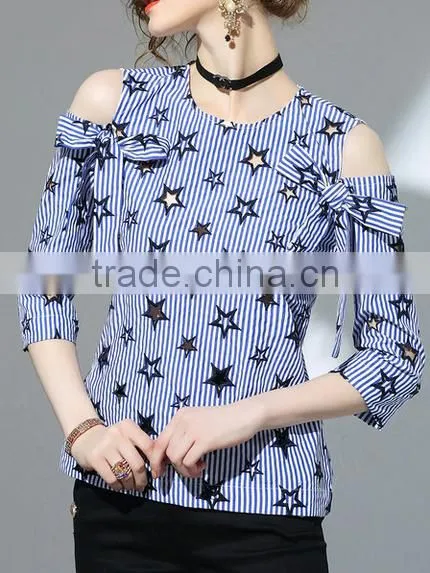 2017 summer newest fashion round neck cold shoulder blouse with stars pattern
