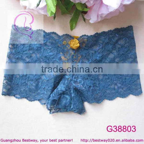 Sexy full lace transparent boyshorts underwear with satin bow