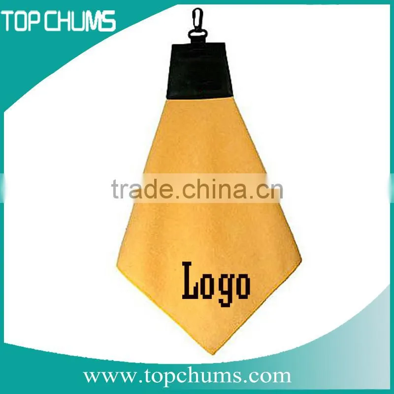 Brand new custom imprinted microfiber golf towel with leatherette header